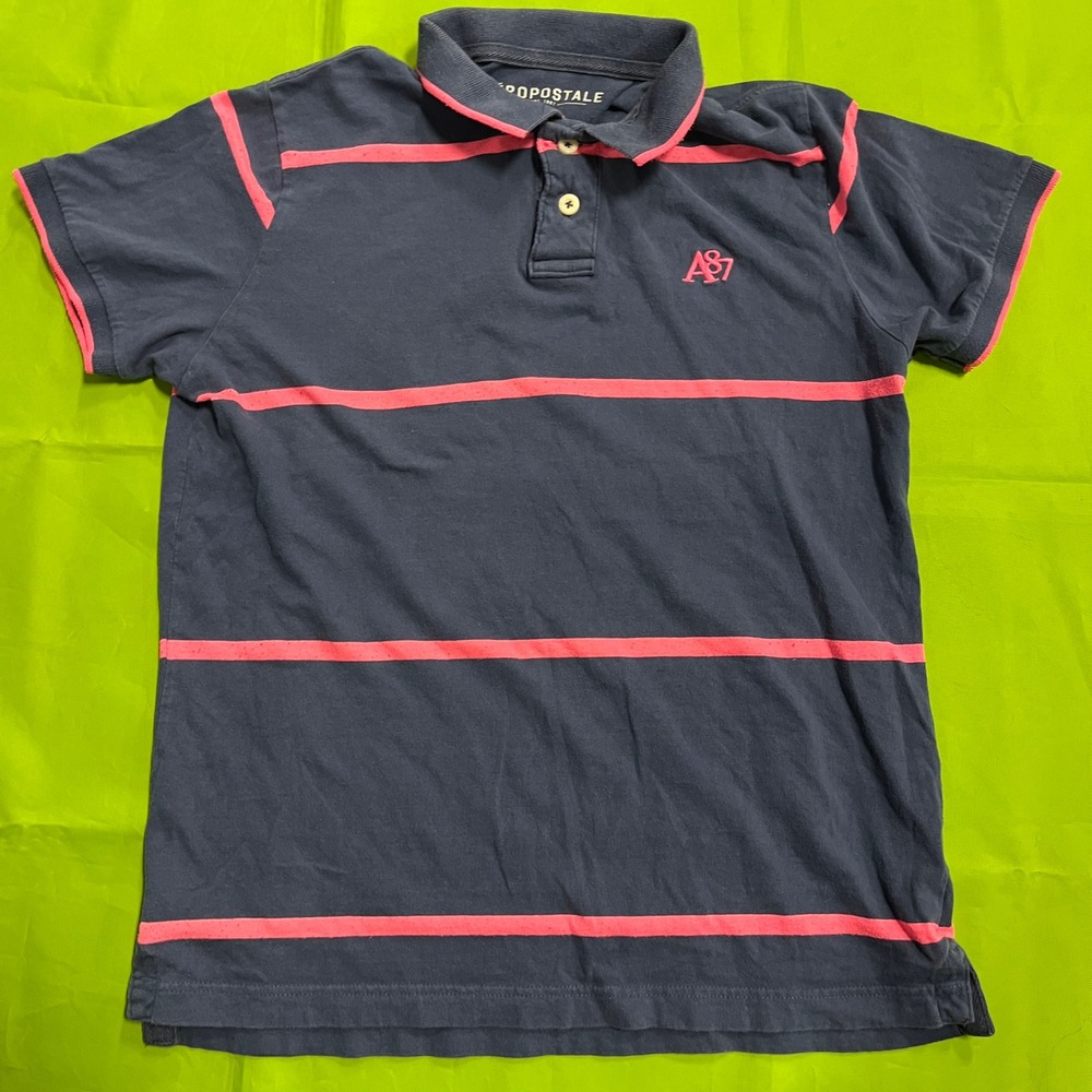 Aeropostale Mens Navy Blue Pink‎ Striped A87 Logo Polo Shirt Large Short Sleeve